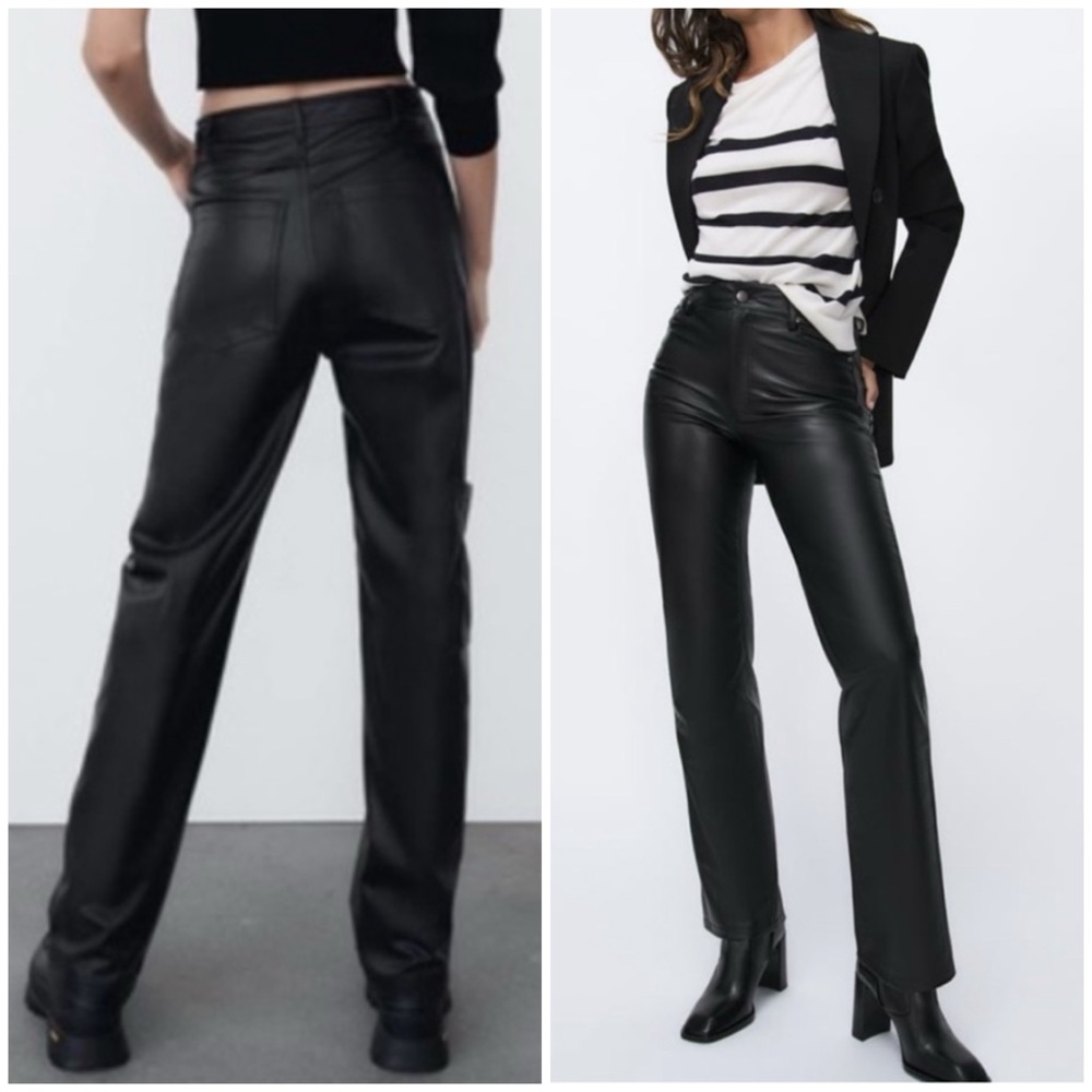 Zara Black High Rise Synthetic Leather Straight Leg Pants Size XS
